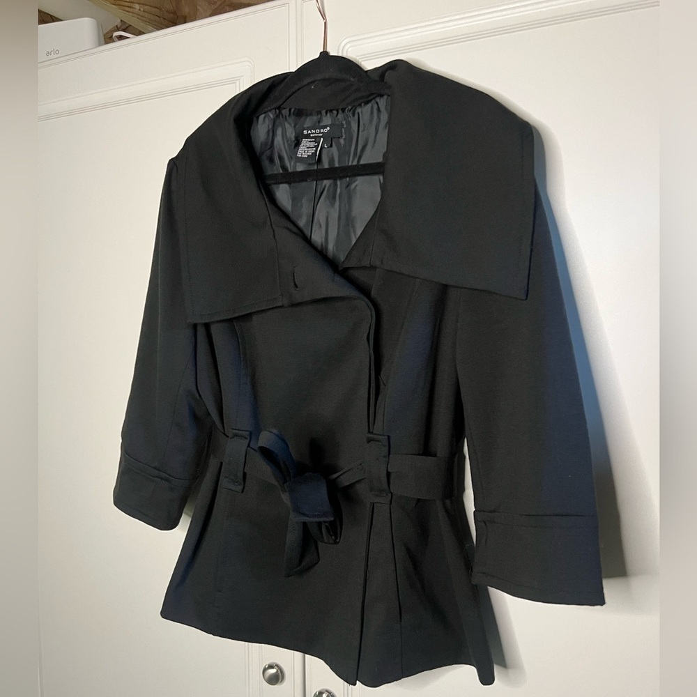 Sandro Tailored Jacket Black Belted Trench - Picture 4 of 11